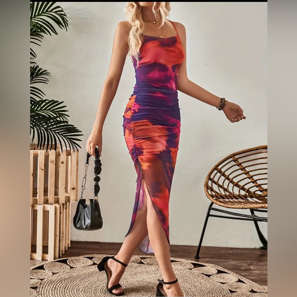 Women's Tie-Dye Cowl Neck Split Hem Bodycon Cami Strappy Backless Long Dress